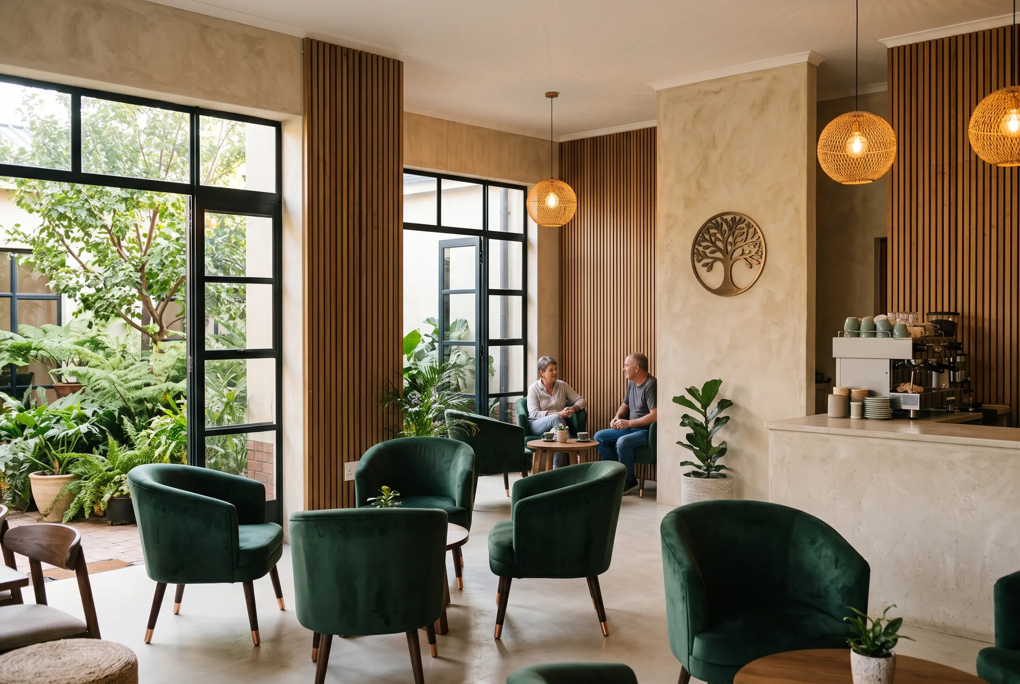 A café lounge with green velvet chairs, timber slats and a leafy courtyard beyond black steel windows