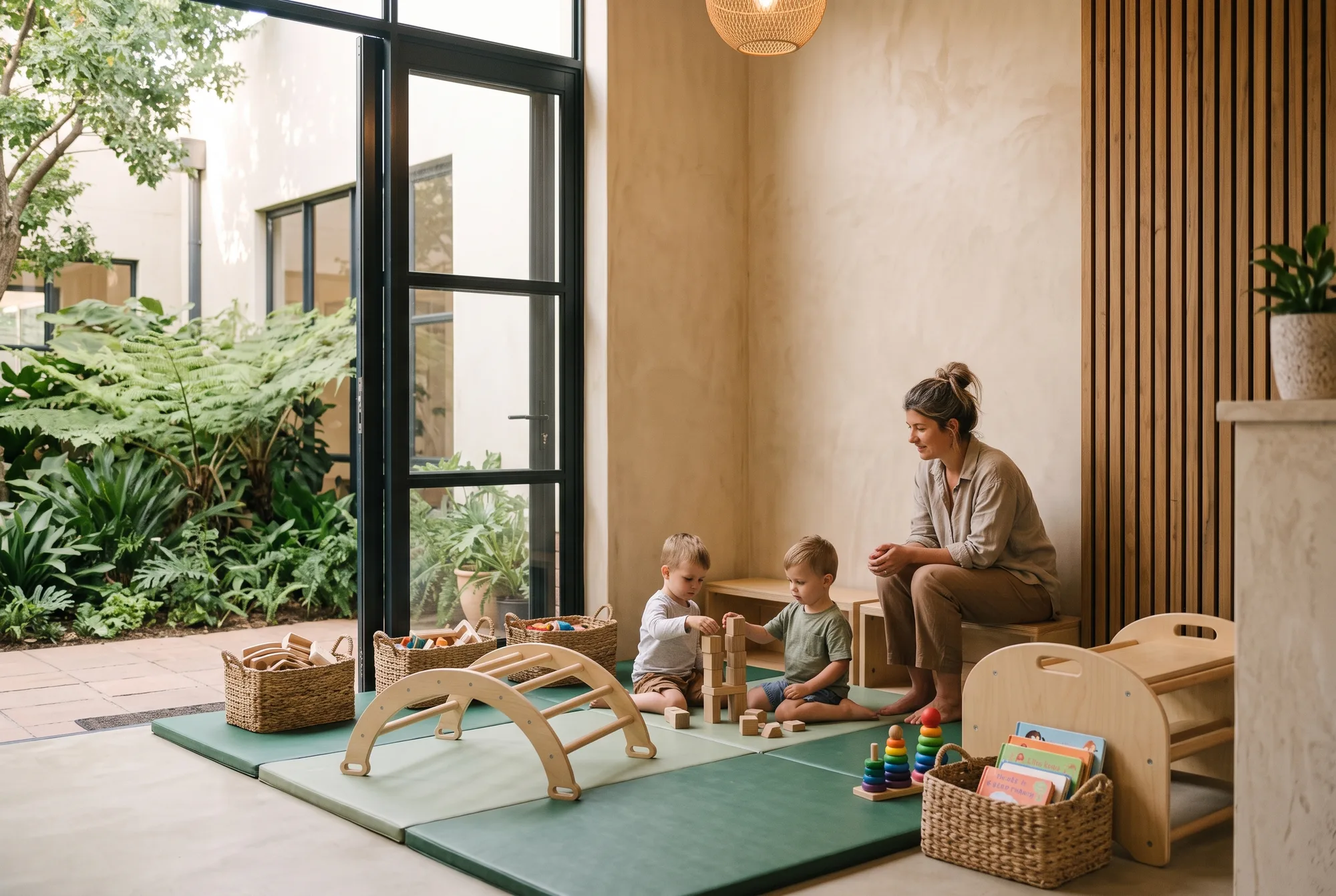 A mother watching two small children build with wooden blocks in a timber play corner