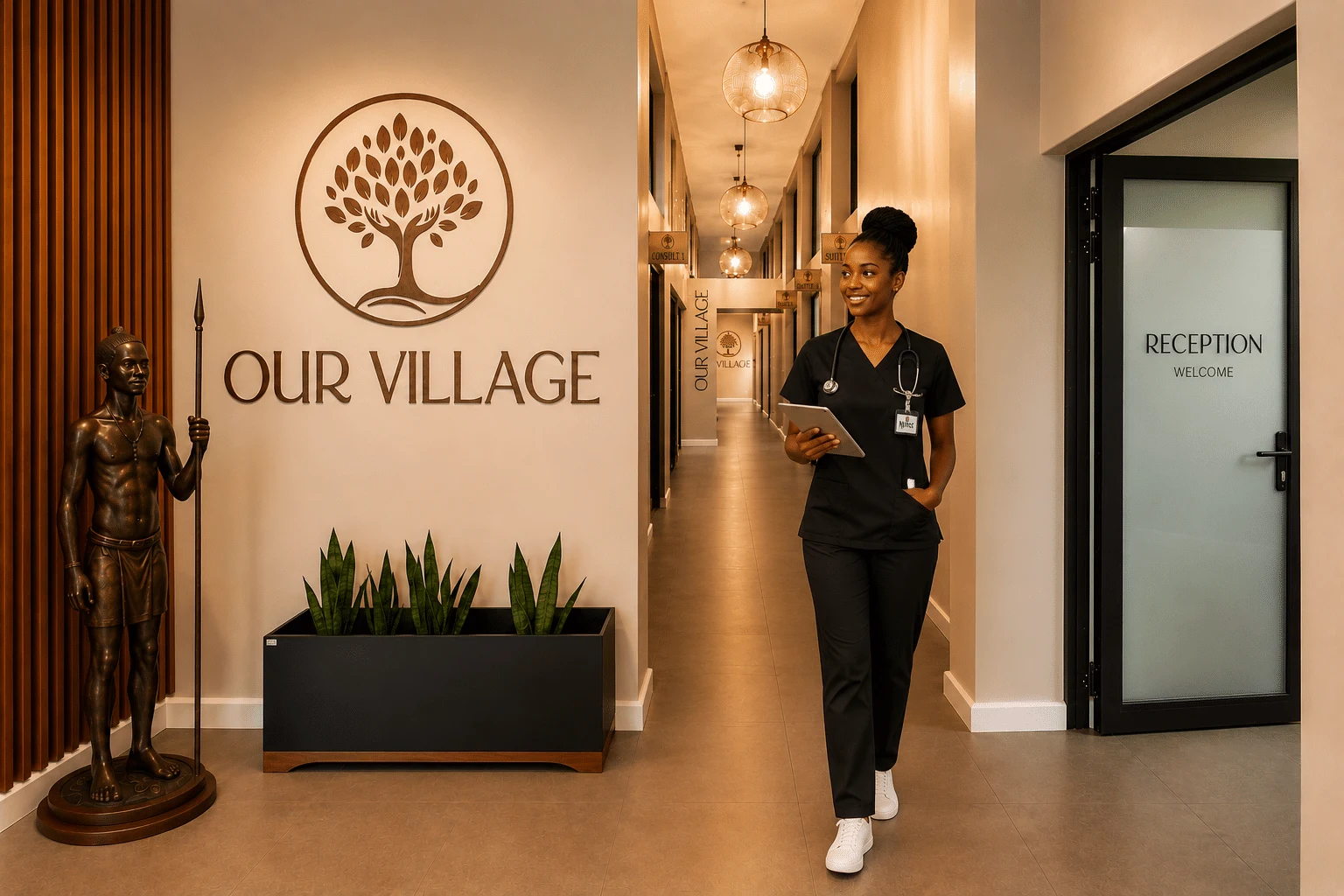The reception hall with the bronze Our Village tree on the wall and a corridor of consulting suites behind it