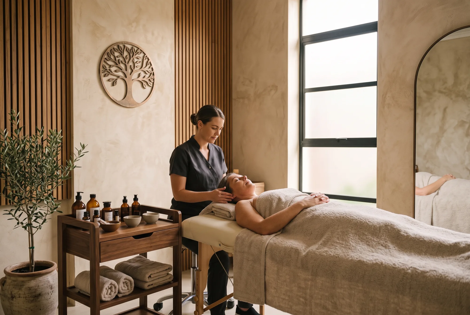 A therapist preparing a facial treatment for a relaxed client in a warm, timber-lined room