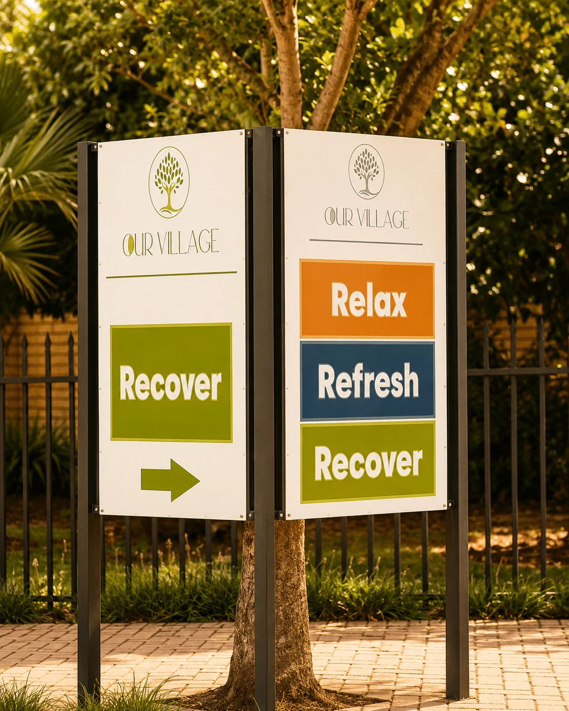 Our Village wayfinding signs reading Relax, Refresh and Recover under a tree