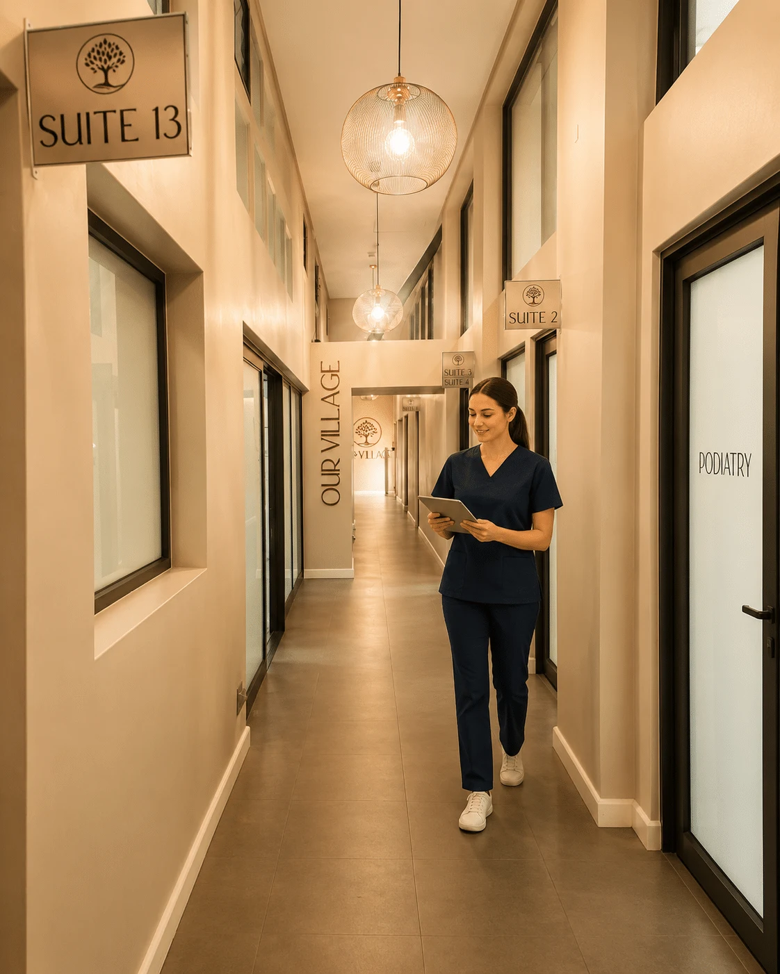 A practitioner walking down the corridor past Suite 2 and Suite 13 under globe pendant lights
