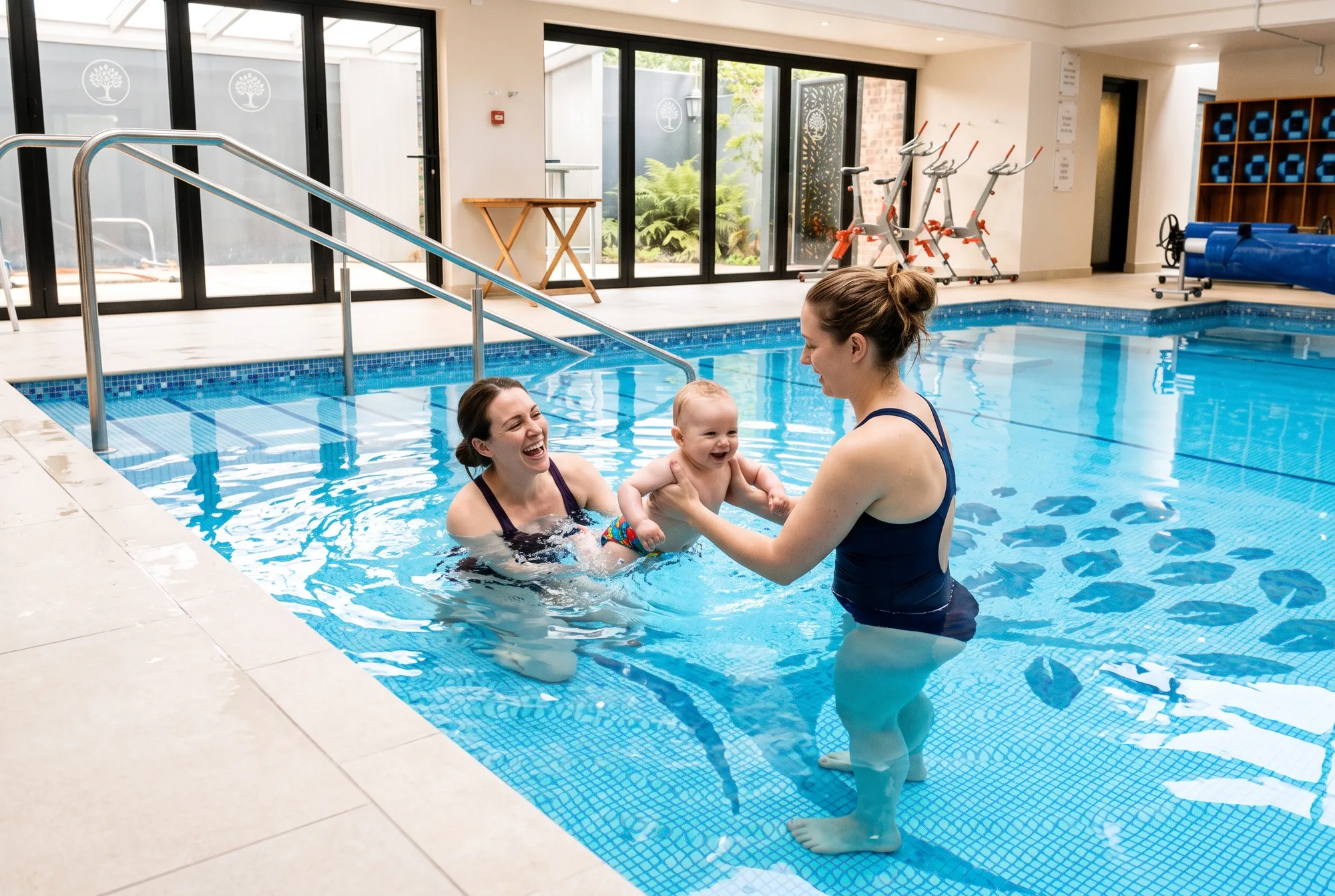 A swimming coach holding a laughing baby in the shallow end of the hydrotherapy pool while the mother watches