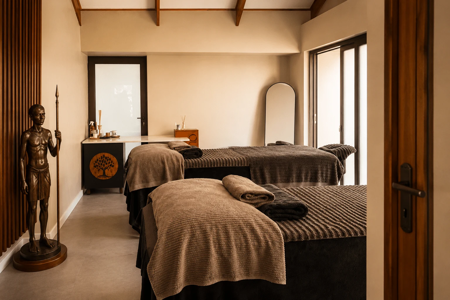 A wellness room with two treatment beds dressed in brown towels and a bronze statue by the door